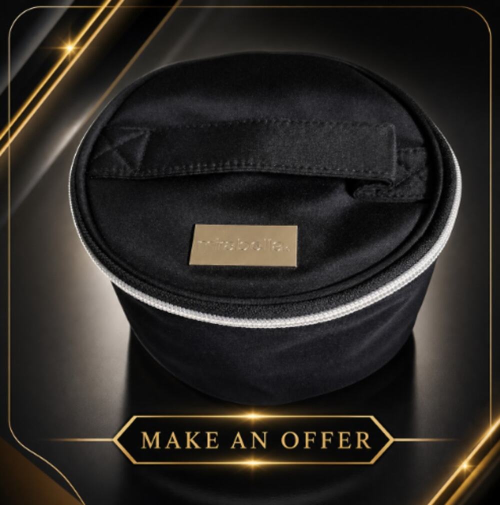 Mirabella Round Black Nylon Makeup Bag Travel Case Pouch Organizer Gold Logo NEW